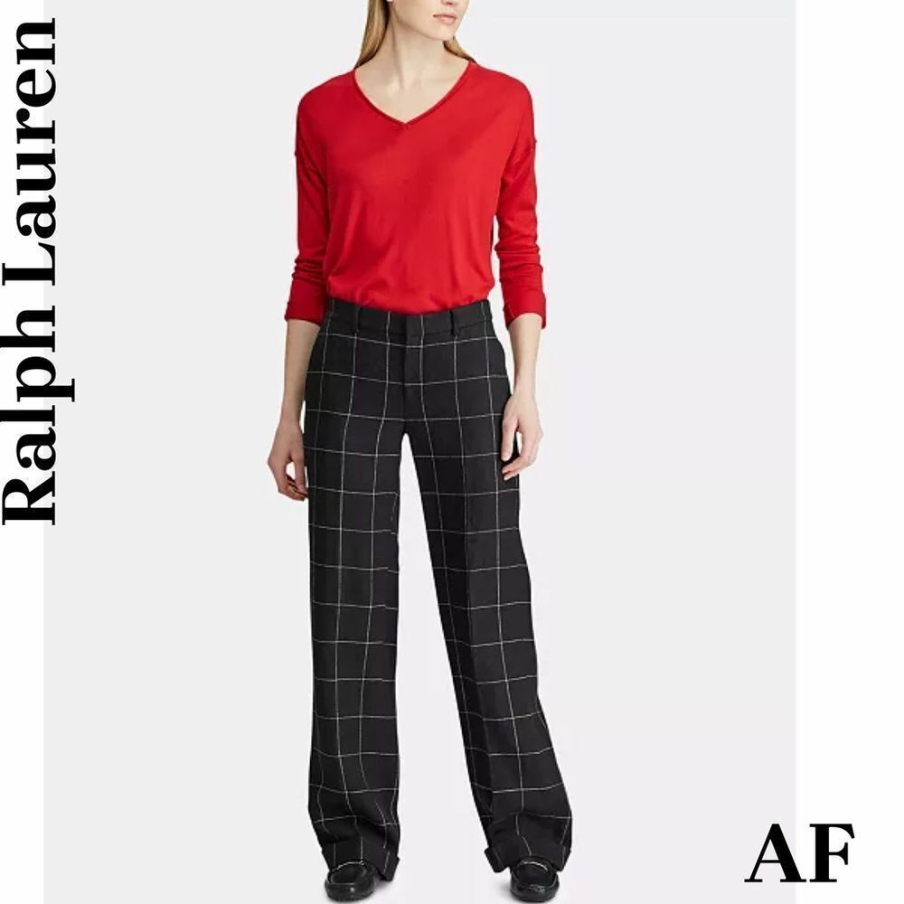 Ralph Lauren Women's Black Window Pane Twill Linen Wide Leg Pants Size 8 NWT
